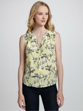 Joie 100% Silk Floral Sleeveless Blouse Yellow Blue Button Front Top M